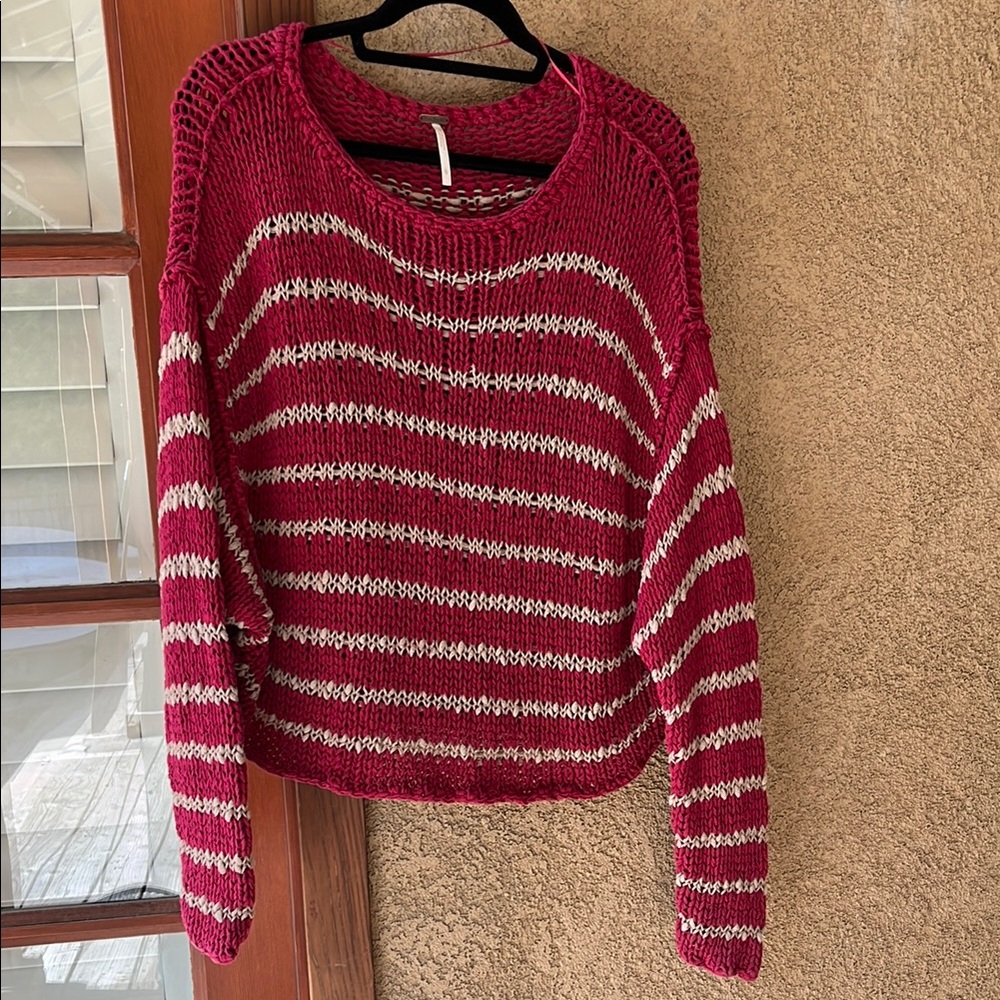 Free People Red and Gray Crew Neck Sweater